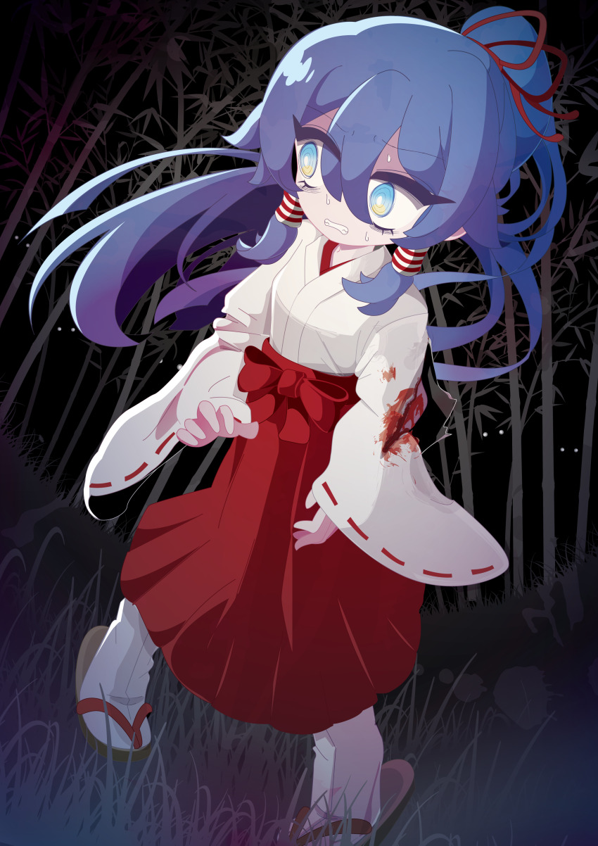 1girl, absurdres, bleeding, blood, blue_eyes, blue_hair, foreshortening, foul_detective_satori, glowing, glowing_eyes, hakama, hakama_skirt, highres, injury, japanese_clothes, long_hair, miko, miyadeguchi_mizuchi, miyadeguchi_mizuchi_(human), night, ponytail, sandals, scared, skirt, sweat, tabi, touhou, yosu_(surume-ika), zouri