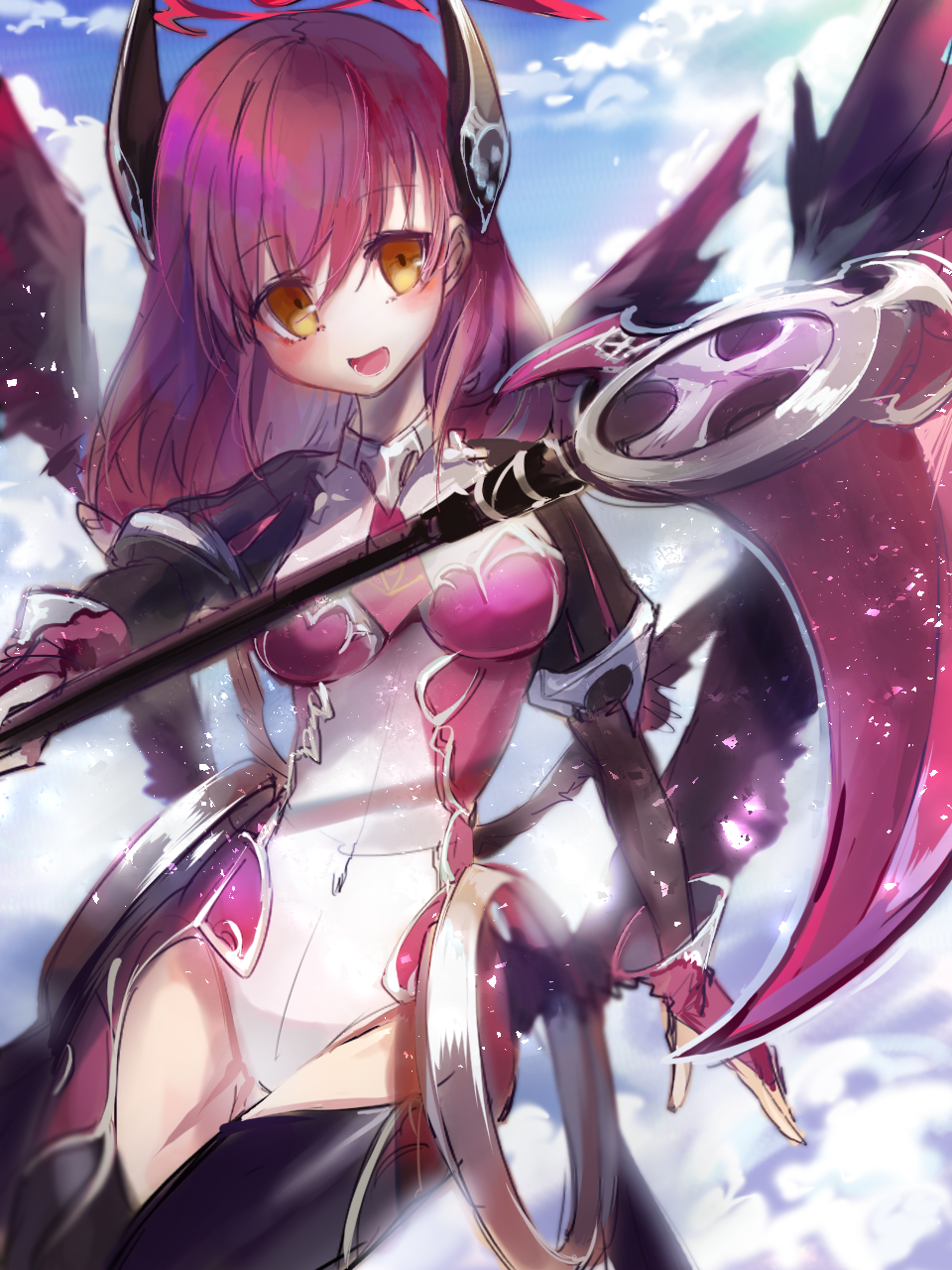 1girl, black_sleeves, black_wings, blue_sky, breasts, covered_navel, emil_chronicle_online, gloves