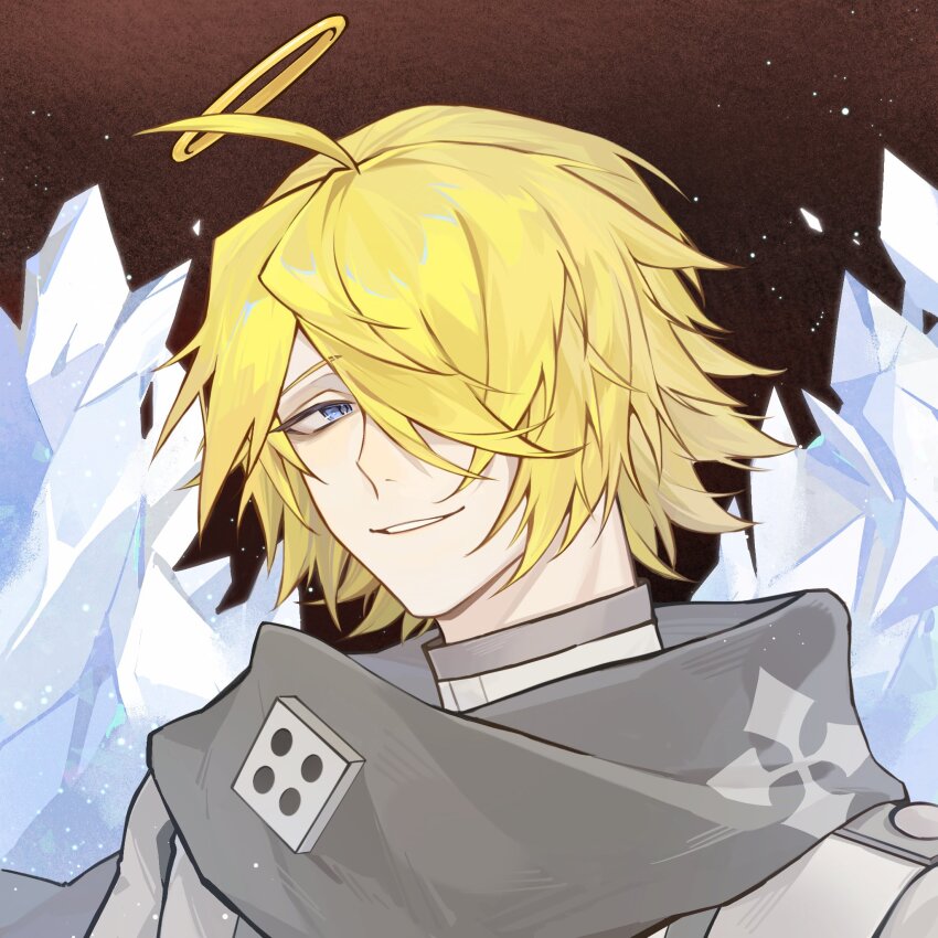 1boy, ahoge, angel, blonde_hair, blue_eyes, brown_background, closed_mouth, funamusea, grey_jacket, grey_scarf, haiiro_teien, halo, hashtag-only_commentary, highres, ice, jacket, light_particles, looking_at_viewer, low_t, male_focus, scarf, sherbet_(funamusea), short_hair, smirk, solo, teeth, upper_body