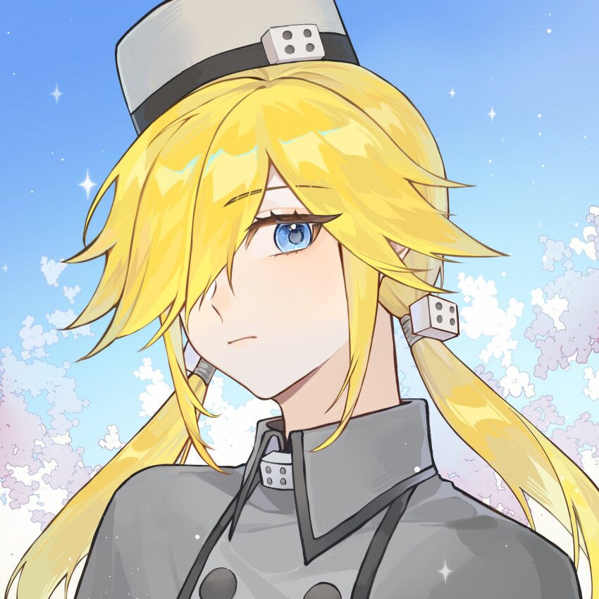 1girl, blonde_hair, blue_eyes, blue_sky, buttons, closed_mouth, dice_hair_ornament, expressionless