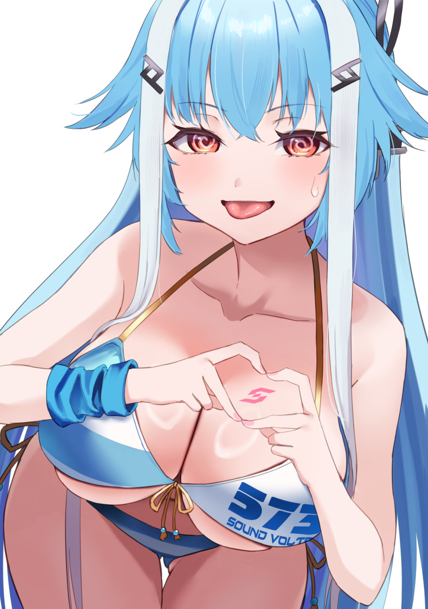 1girl, @_@, bare_shoulders, bemani, bent_over, bikini, blue_bikini, blue_hair