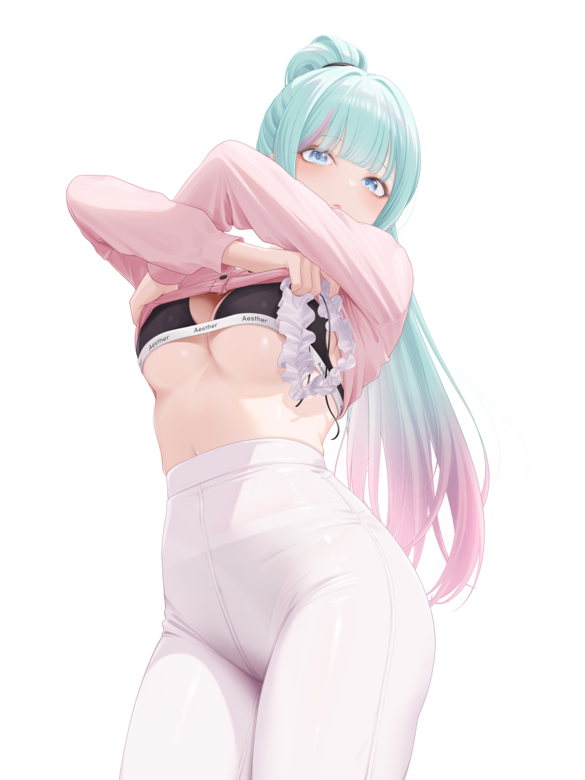 1girl, absurdres, aqua_hair, black_bra, blue_eyes, bra, breasts, buttons