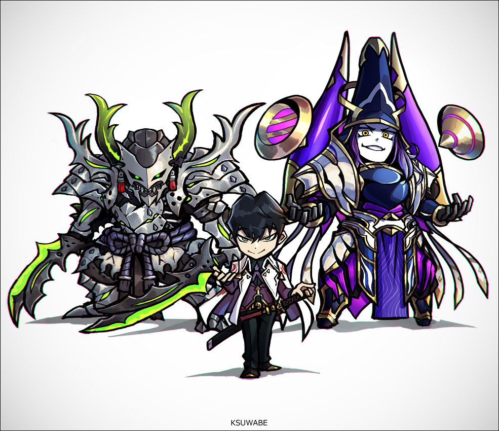 3boys, armor, black_hair, black_pants, coat, fate/grand_order, fate_(series), full_armor