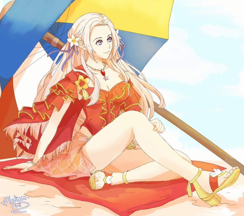 1girl, beach, blue_sky, breasts, casual_one-piece_swimsuit, cleavage, closed_mouth, cloud