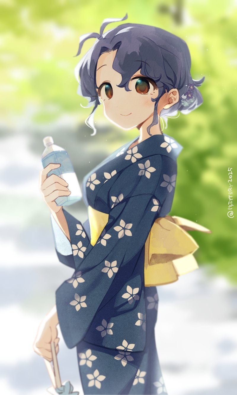 1girl, alternate_hairstyle, asymmetrical_bangs, backlighting, bettermenty, blue_hair, blue_kimono, blurry, blurry_background, bottle, brown_eyes, day, depth_of_field, dot_nose, eyelashes, floral_print, floral_print_kimono, from_side, highres, holding, holding_bottle, idolmaster, idolmaster_million_live!, idolmaster_million_live!_theater_days, japanese_clothes, kimono, light_blush, long_sleeves, looking_at_viewer, obi, outdoors, parted_bangs, print_kimono, sash, short_hair, smile, solo, toyokawa_fuka, twitter_username, updo, water_bottle, wavy_hair, wide_sleeves, yellow_sash