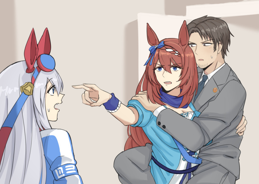 1boy, 2girls, animal_ears, beard_stubble, blue_eyes, braid, breasts, brown_eyes