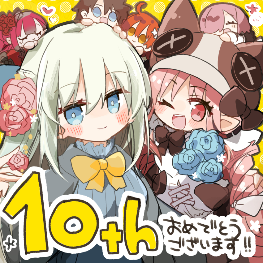 1boy, 5girls, baobhan_sith_(celebratory_attire)_(fate), baobhan_sith_(fate), black_hair, blue_eyes, blush, closed_eyes