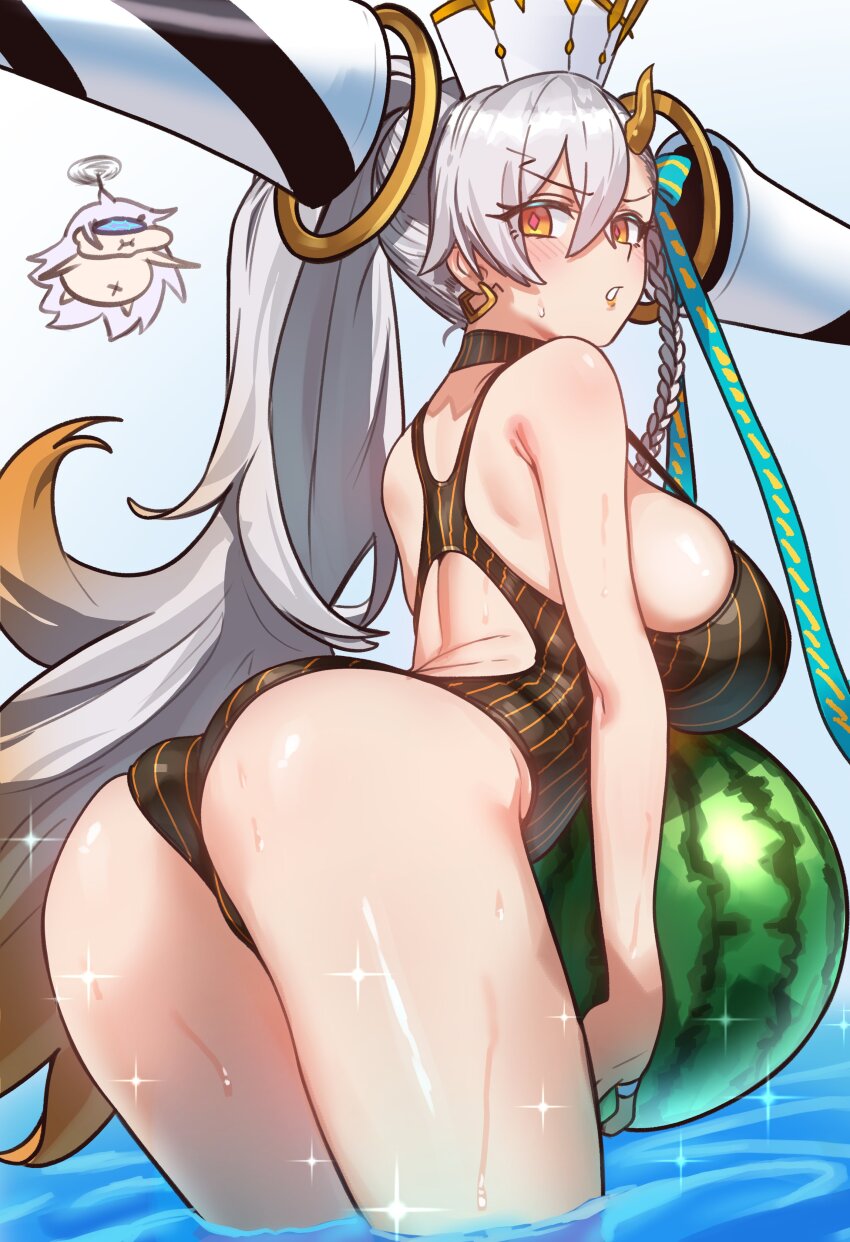 2girls, absurdres, ass, asymmetrical_bangs, ball, beachball, black_one-piece_swimsuit, blush