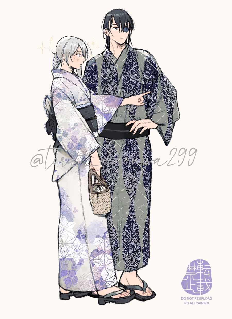 1boy, 1girl, artist_name, black_hair, black_sandals, braid, braided_hair_rings, commentary_request, eyepatch, grey_hair, hair_rings, highres, japanese_clothes, kaine_(nier), kimono, kurosawa_kazuto, long_hair, nier, nier_(series), okobo, platform_sandals, pointing, purple_kimono, sandals, sparkle, standing, toes, twitter_username, tyrann, watermark