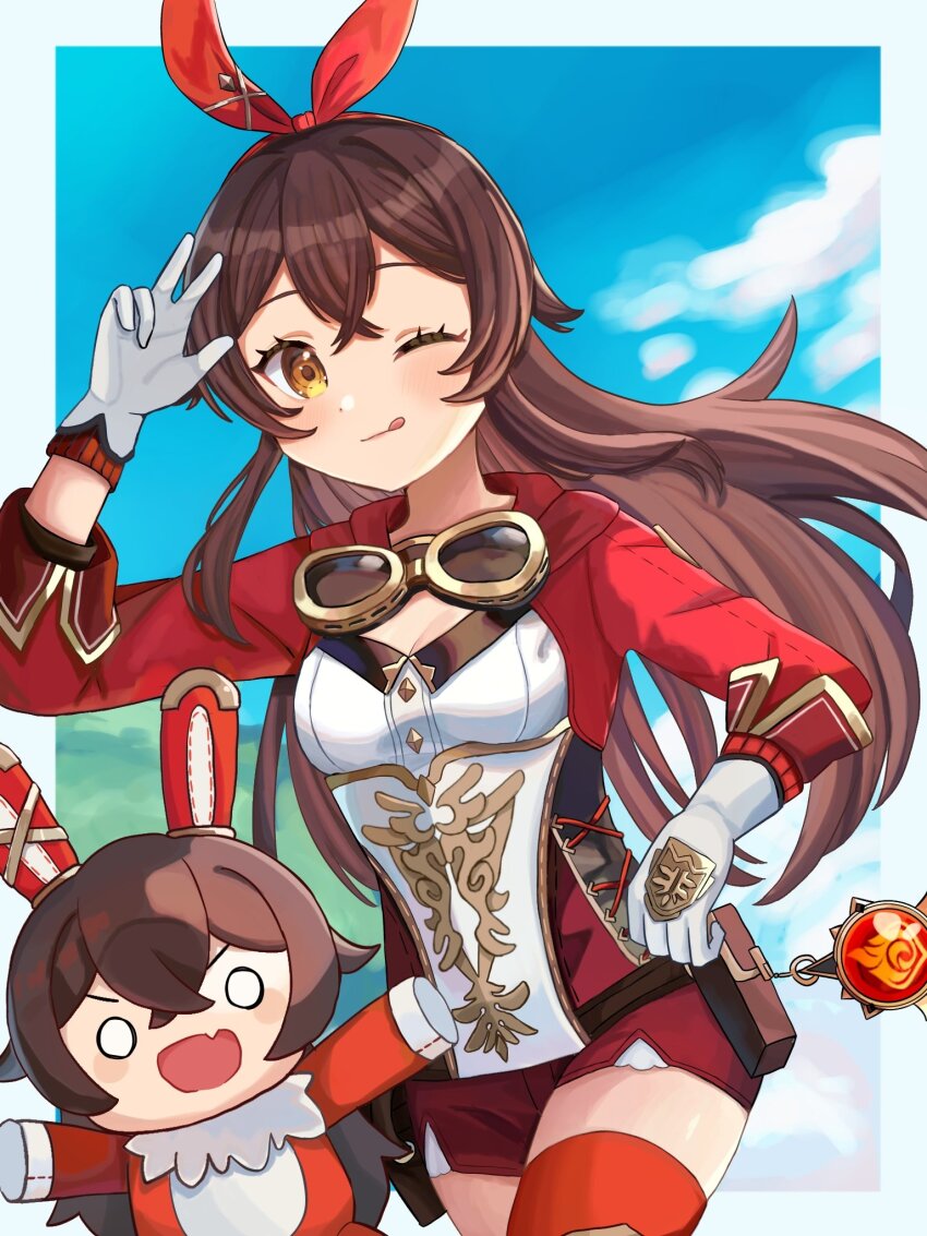 1011anela, 1girl, amber_(100_outrider)_(genshin_impact), amber_(genshin_impact), baron_bunny_(genshin_impact), blue_sky, brown_eyes, brown_hair
