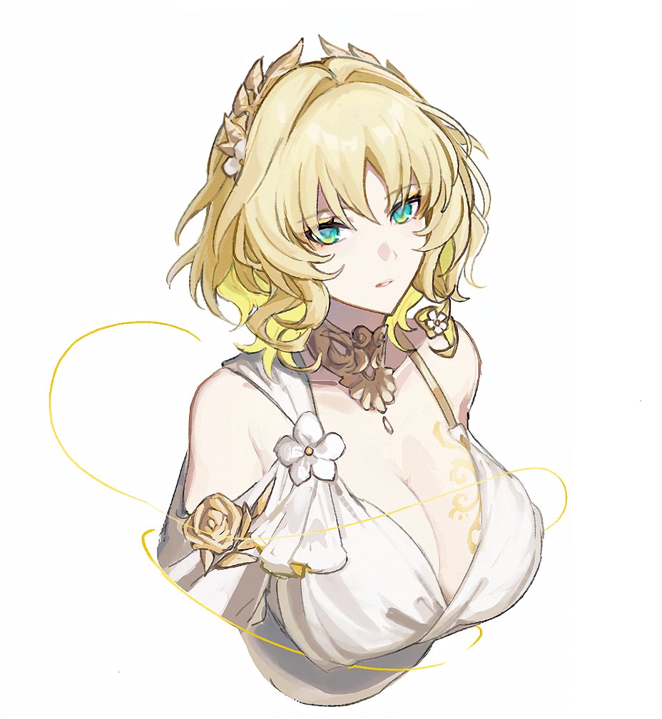 1girl, aglaea_(honkai:_star_rail), bare_shoulders, blonde_hair, breasts, cleavage, collarbone, commentary_request, cropped_torso, dress, flower, green_eyes, hair_intakes, hair_ornament, honkai:_star_rail, honkai_(series), large_breasts, looking_at_viewer, parted_lips, ririri_(lilili_tea), short_hair, simple_background, solo, white_background, white_dress, white_flower