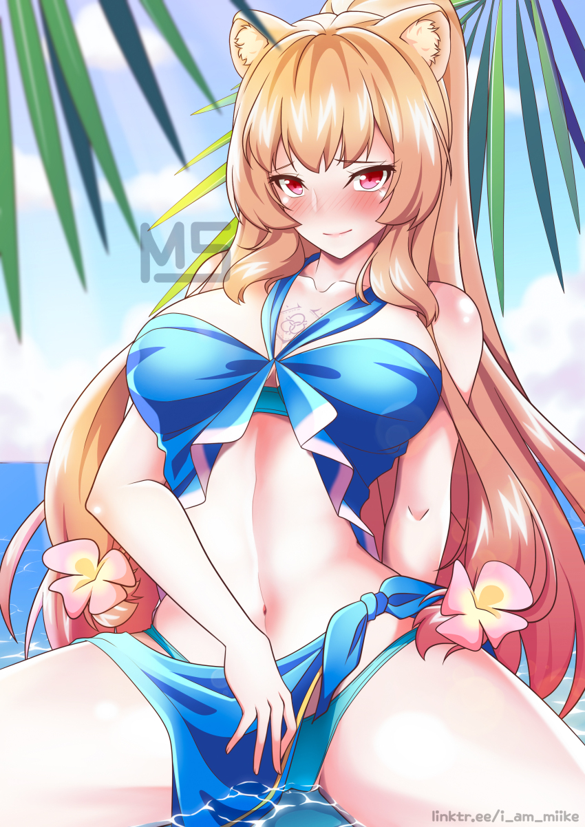 1girl, absurdres, animal_ear_fluff, animal_ears, aqua_bikini, arm_support, bare_shoulders, bikini