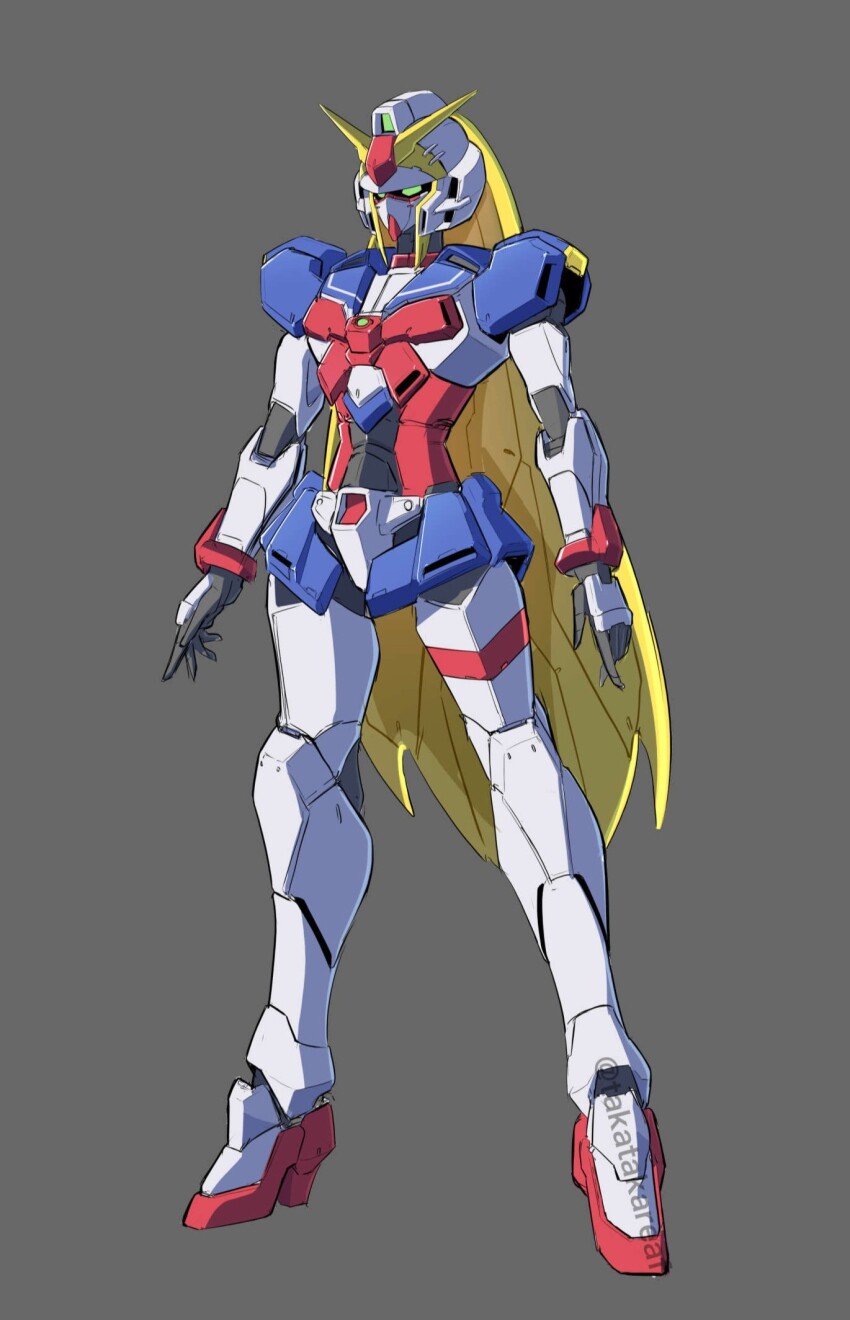 arms_at_sides, blonde_hair, commentary, full_body, g_gundam, green_eyes, grey_background, gundam, highres, long_hair, mecha, mecha_focus, mechanical_hair, no_humans, nobel_gundam, robot, science_fiction, simple_background, solo, standing, super_robot, takaba_akinori, twitter_username, v-fin, very_long_hair