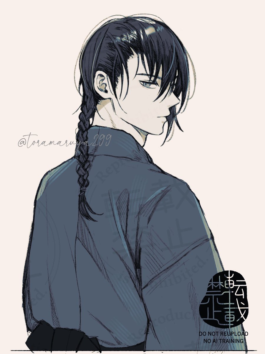 1boy, black_eyes, blue_kimono, braid, commentary_request, grey_eyes, highres, japanese_clothes