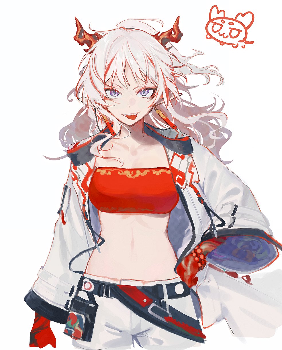 1girl, arknights, arm_at_side, bandeau, beads, collarbone, colored_extremities, commentary_request