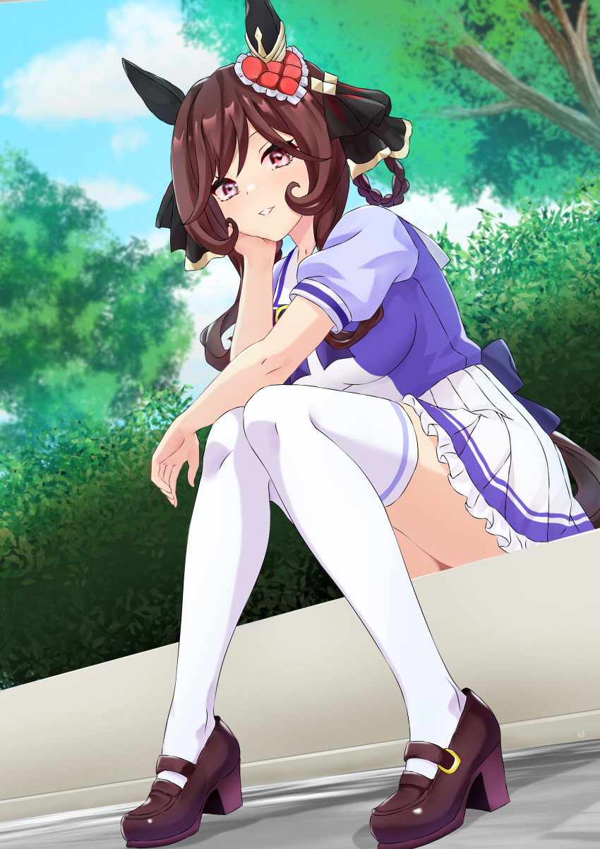 1girl, absurdres, animal_ears, black_ribbon, blush, braid, braided_hair_rings, brown_hair