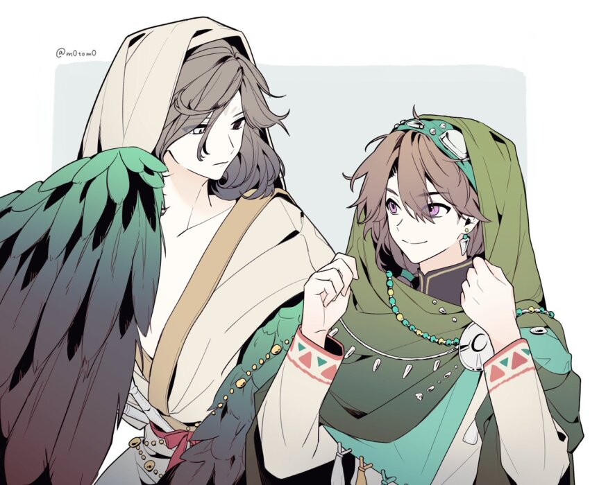 2girls, bird_wings, black_eyes, border, brown_hair, brown_wings, cape, chinese_clothes