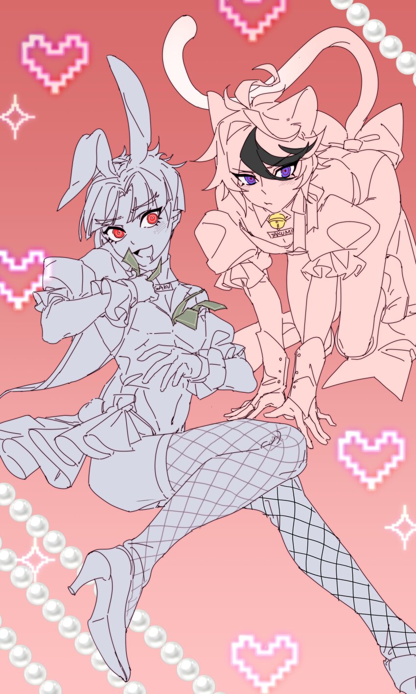 2boys, absurdres, acomem07, animal_ears, bell, cat_boy, cat_ears, cat_tail, closed_mouth, commentary, crossdressing, crossdressing_(mtf), curtained_hair, drooling, fishnet_thighhighs, fishnets, frilled_sleeves, frills, gloves, heart, high_heels, highres, holding, holding_money, invisible_chair, kemonomimi_mode, leotard, male_focus, maruko_gaku, money, mouth_drool, multicolored_hair, multiple_boys, multiple_monochrome, name_tag, neck_bell, open_mouth, parted_bangs, puffy_short_sleeves, puffy_sleeves, rabbit_ears, red_background, short_hair, short_sleeves, sitting, smile, spot_color, sumino_takumi, untranslatable_commentary, tail, the_hundred_line_-last_defense_academy-, thighhighs, two-tone_hair