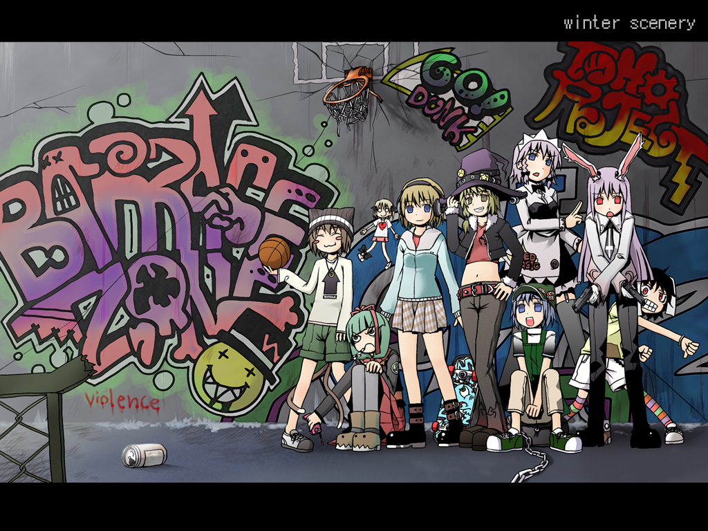 6+girls, :3, alice_margatroid, alternate_costume, animal_ears, ball, basketball, basketball_(object)