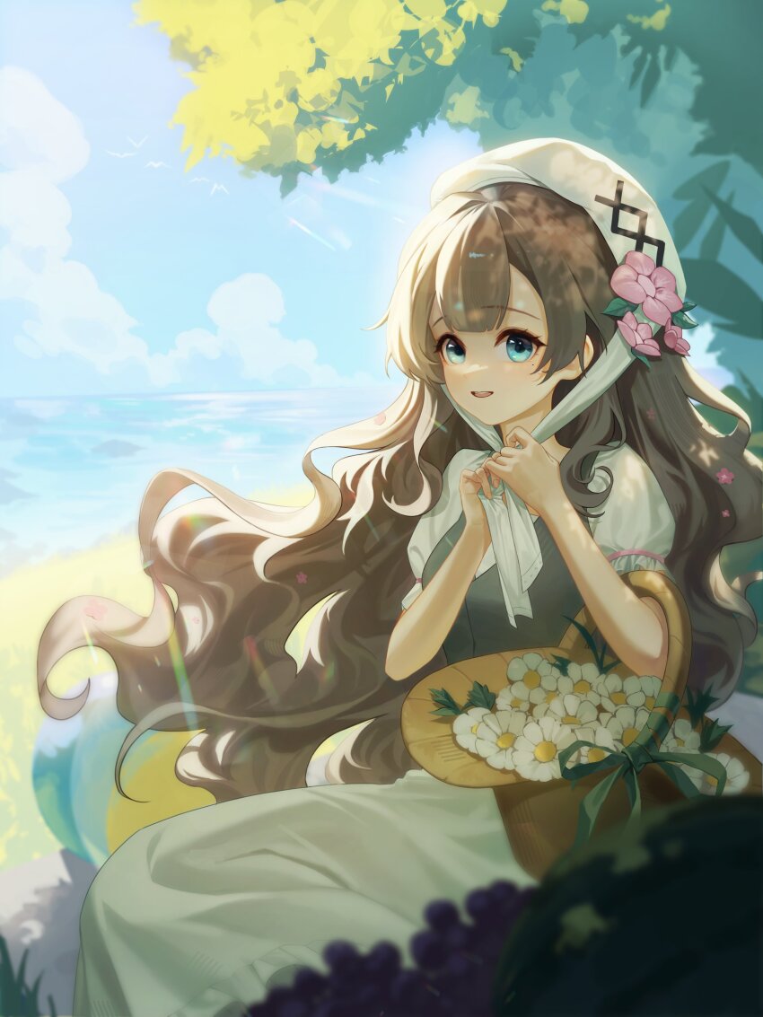 1girl, absurdres, basket, beret, black_vest, blue_sky, brown_hair, changi_16