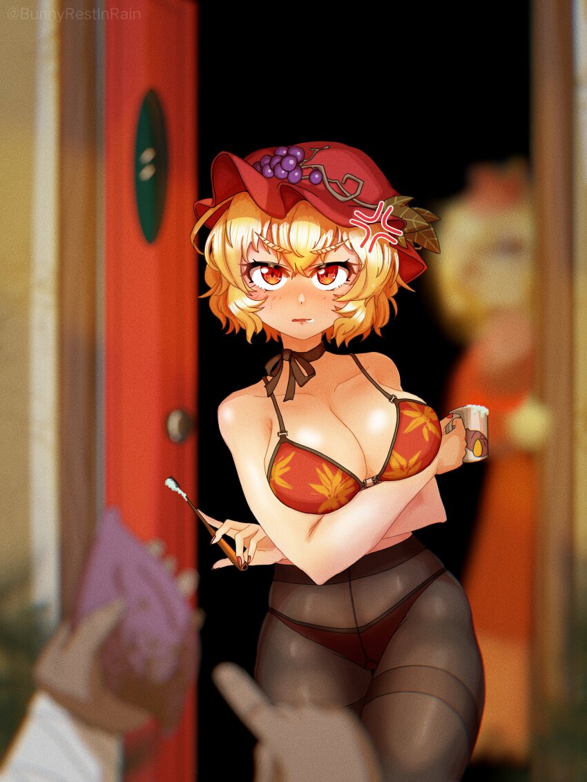 2girls, absurdres, aki_minoriko, aki_shizuha, blonde_hair, bra, breasts, cleavage, collarbone, crotch_seam, cup, door, dress, grape_hat_ornament, hair_ornament, hat, highres, large_breasts, leaf_hair_ornament, leaf_print, mob_cap, mug, multiple_girls, neck_ribbon, panties, panties_under_pantyhose, pantyhose, red_dress, red_eyes, red_hat, ribbon, short_hair, sleepymoon, sweet_potato_print, thighband_pantyhose, toothbrush, touhou, underwear, v-shaped_eyebrows