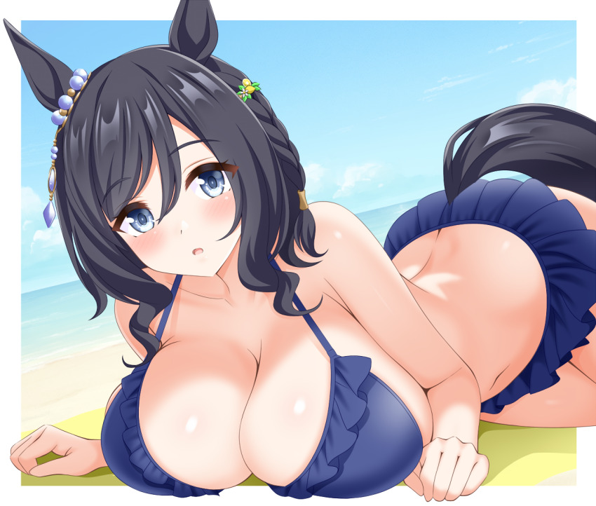 1girl, animal_ears, ass, beach, bikini, black_hair, border, breasts, cleavage, collarbone, commentary_request, day, ear_ornament, eishin_flash_(reines_plaetschern)_(umamusume), eishin_flash_(umamusume), frilled_bikini, frills, gurukorian, hair_ornament, horse_ears, horse_girl, horse_tail, large_breasts, lying, ocean, official_alternate_costume, on_stomach, outdoors, outside_border, sand, short_hair, sidelocks, solo, swimsuit, tail, towel, umamusume, water, white_border