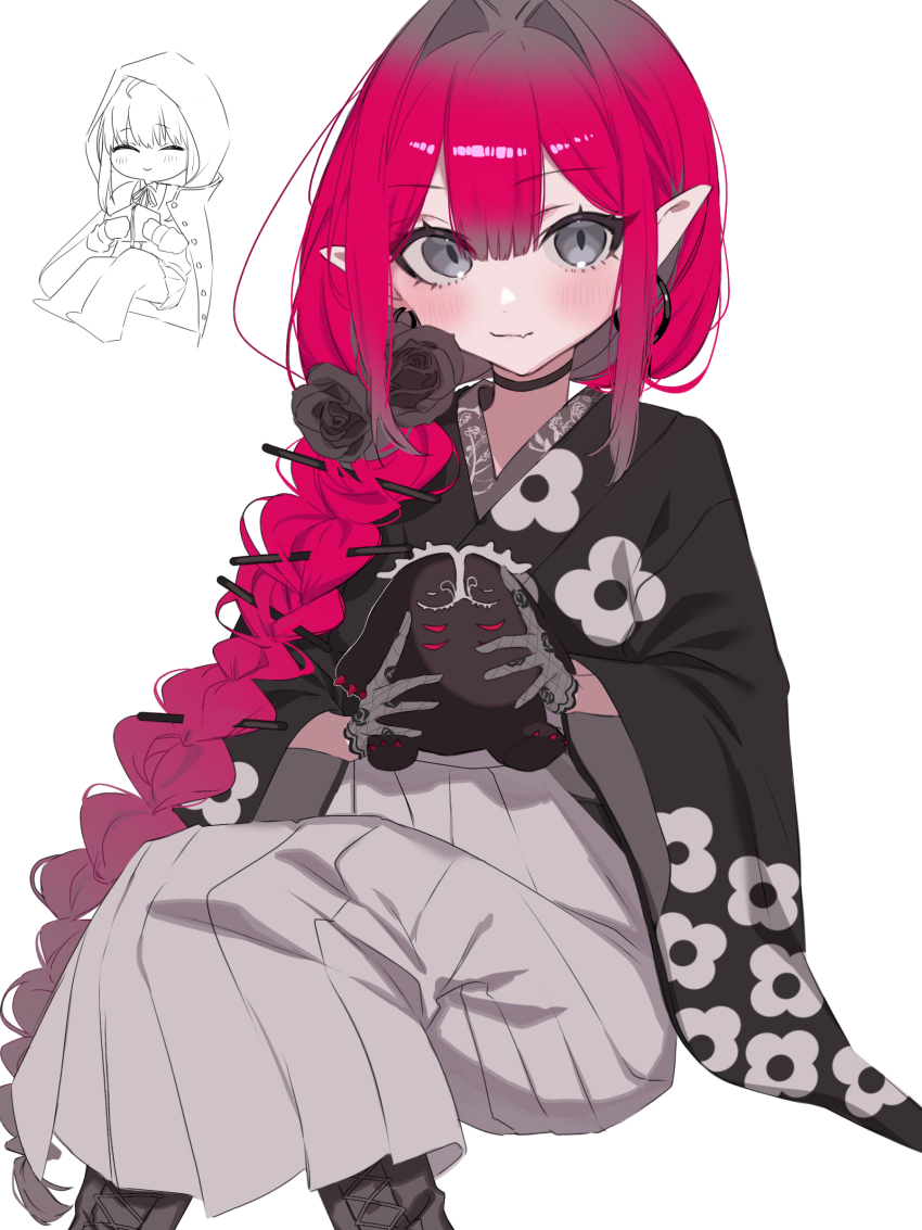 2girls, 590kogure590, absurdres, baobhan_sith_(fate), baobhan_sith_(over_the_same_sky)_(fate), black_kimono, blush, breasts, cernunnos_(fate), character_doll, chibi, doll, earrings, fate/grand_order, fate_(series), floral_print, gray_(fate), gray_(over_the_same_sky)_(fate), grey_eyes, grey_hakama, hakama, hakama_skirt, highres, japanese_clothes, jewelry, kimono, long_hair, long_sleeves, looking_at_viewer, medium_breasts, multiple_girls, obi, pink_hair, pointy_ears, sash, sidelocks, skirt, smile, solo_focus, stuffed_toy, wide_sleeves