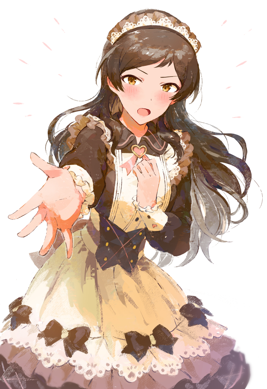 1girl, blush, brown_eyes, brown_hair, cowboy_shot, dress, fortune_brownie_(idolmaster), hand_on_own_chest