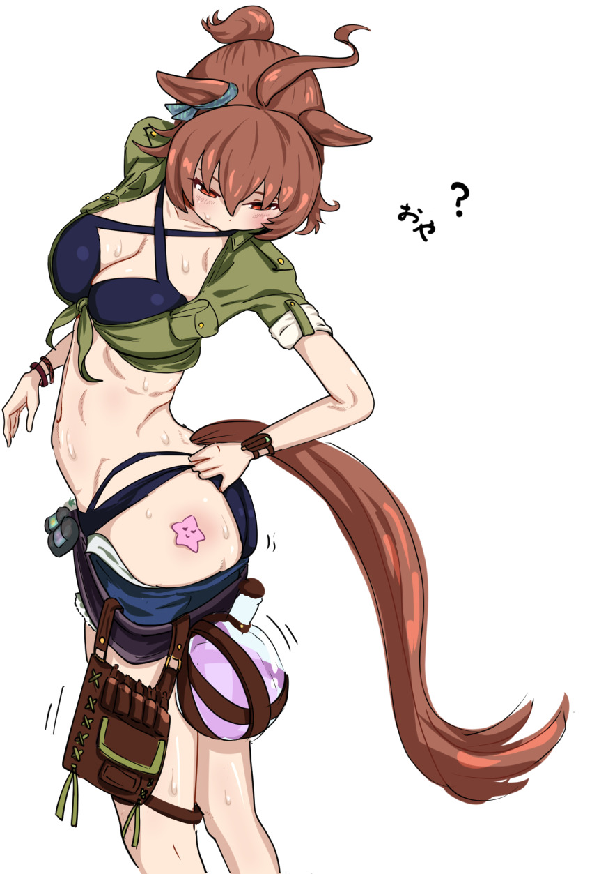 1girl, ?, agnes_tachyon_(lunatic_lab)_(umamusume), agnes_tachyon_(umamusume), ahoge, animal_ears, ass, bikini, blue_bikini, breasts, brown_hair, cleavage, green_shirt, highres, horse_ears, horse_girl, horse_tail, huge_ahoge, itsuyoitsuyo, looking_down, medium_breasts, official_alternate_costume, official_alternate_hairstyle, ponytail, shirt, short_ponytail, solo, swimsuit, tail, tied_shirt, umamusume, wet, white_background