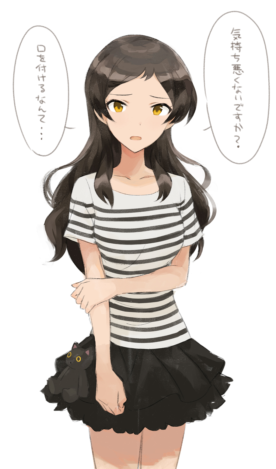 1girl, black_skirt, breasts, brown_hair, collarbone, cowboy_shot, frilled_skirt, frills