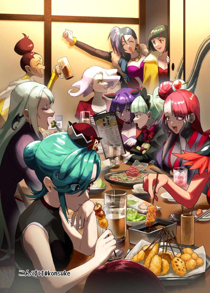 6+girls, absurdres, alcohol, arachnea_(precure), beer, beer_mug, biburi_(precure), black_hairband