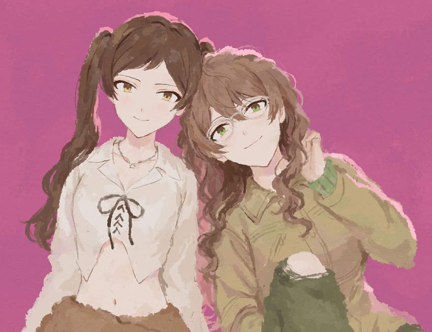 2girls, brown_eyes, brown_hair, closed_mouth, curly_hair, green_eyes, hand_up, idolmaster