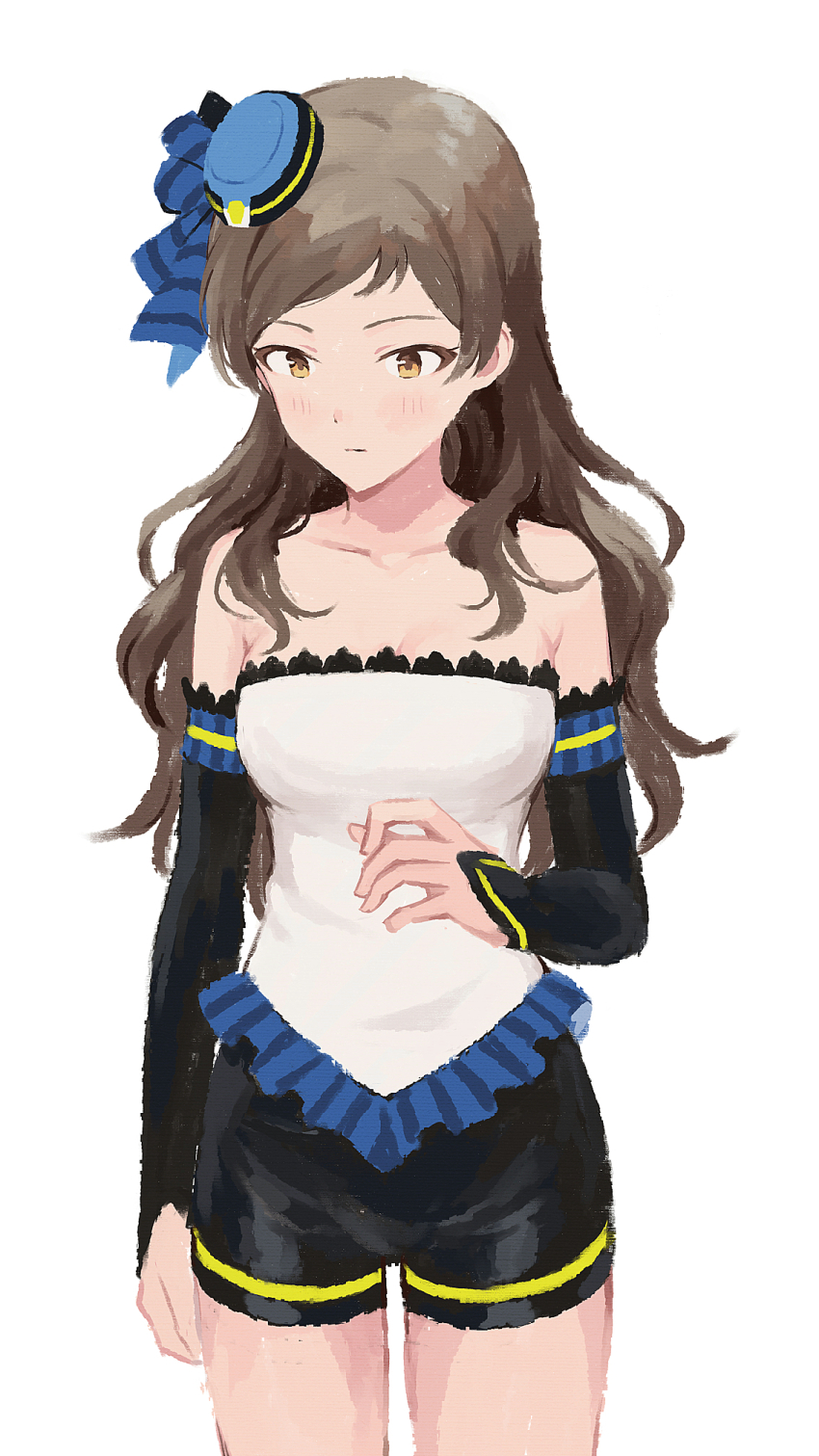 1girl, black_shorts, black_sleeves, blue_bow, blue_hat, bow, breasts, brown_eyes
