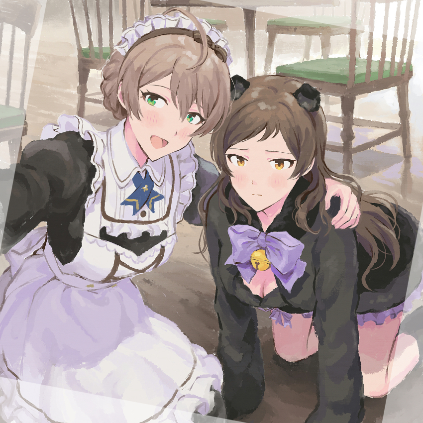 2girls, :d, all_fours, animal_ears, apron, braid, breasts, brown_hair