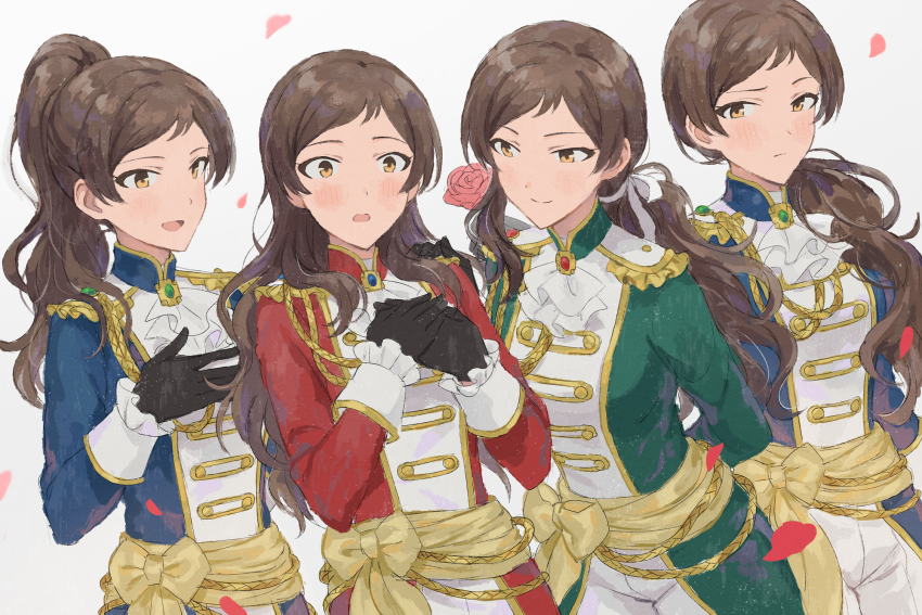 4girls, aiguillette, alternate_hairstyle, black_gloves, blue_coat, blush, brown_eyes, brown_hair