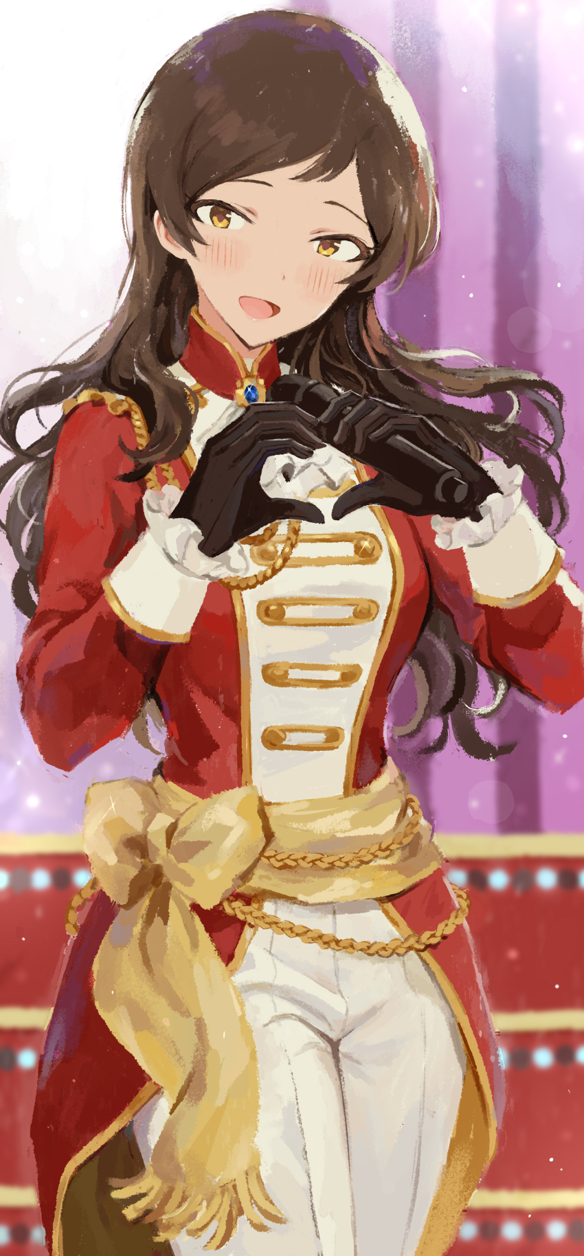 1girl, absurdres, aiguillette, black_gloves, blush, brown_eyes, brown_hair, coat