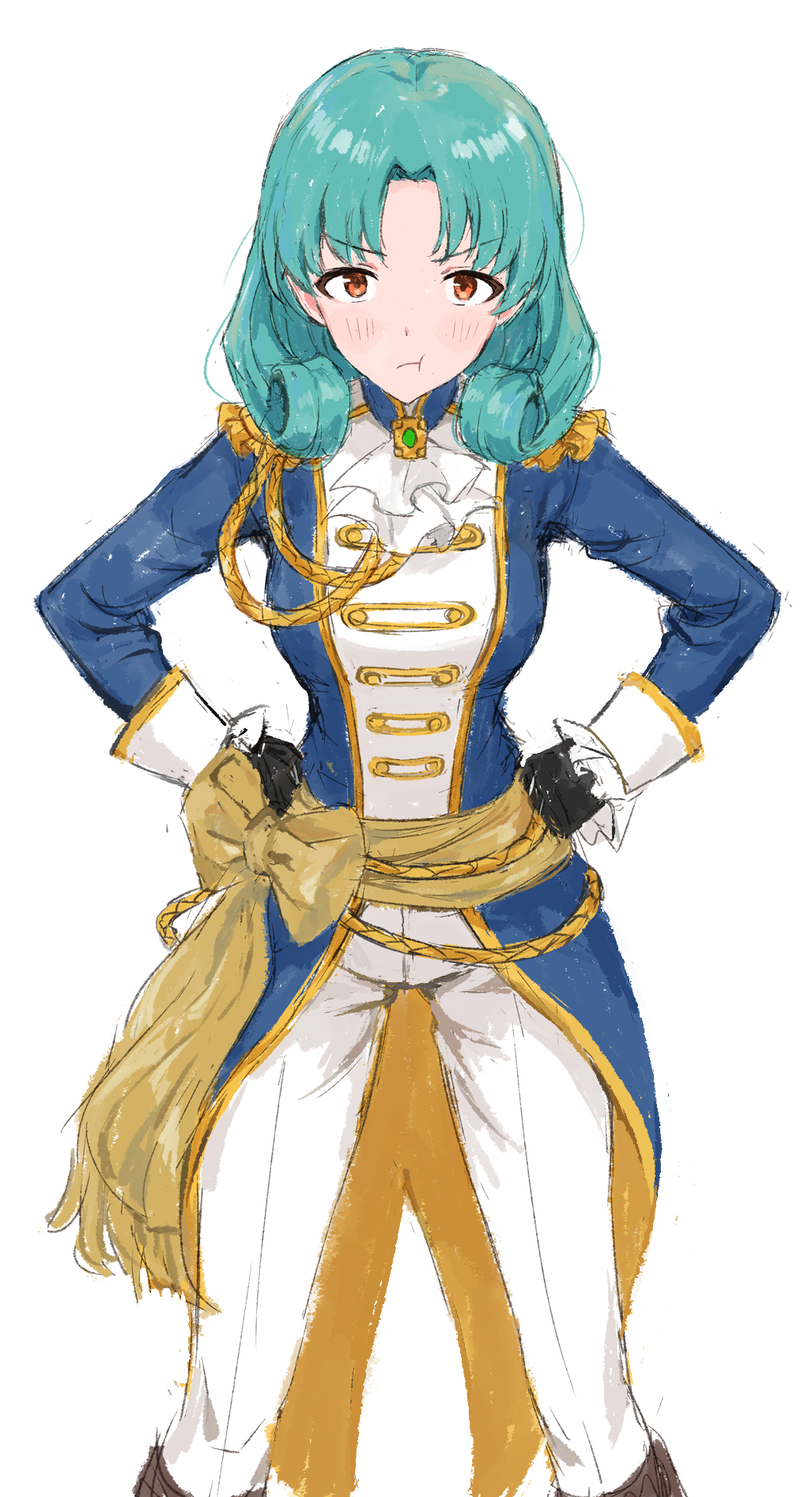 1girl, aiguillette, black_gloves, blue_coat, brown_eyes, coat, gloves, green_hair, hands_on_own_hips, highres, idolmaster, idolmaster_million_live!, idolmaster_million_live!_theater_days, long_sleeves, looking_at_viewer, medium_hair, opera_seria_kiramekiza, pants, pout, simple_background, solo, standing, straight-on, te_(rawv7744), tokugawa_matsuri, white_background, white_pants