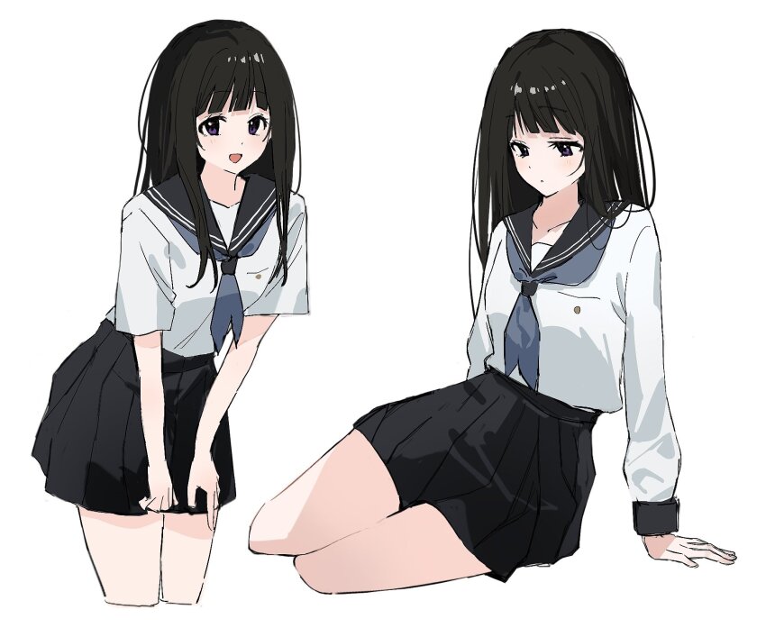 1girl, black_hair, black_serafuku, blush, chitanda_eru, highres, hyouka, long_hair