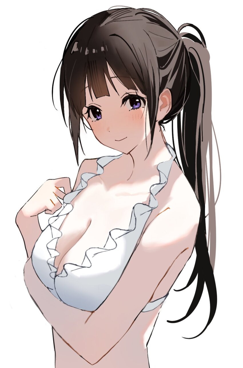 1girl, bare_shoulders, bikini, black_hair, blush, breasts, chitanda_eru, cleavage, commentary, highres, hyouka, long_hair, looking_at_viewer, purple_eyes, simple_background, solo, swimsuit, white_background, white_bikini, yuuhi_mari