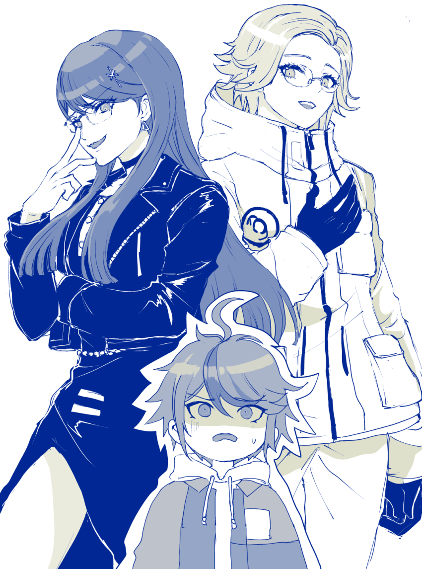 1girl, 2boys, adjusting_eyewear, ahoge, aotsuki_eito, breast_pocket, choker, commentary_request, dress, earrings, glasses, gloves, greyscale, highres, hood, hoodie, jacket, jacket_over_hoodie, jewelry, long_hair, looking_at_viewer, monochrome, multicolored_hair, multiple_boys, outline, pants, pocket, shizuhara_hiruko, short_hair, simple_background, small_sweatdrop, smile, streaked_hair, sumino_takumi, the_hundred_line_-last_defense_academy-, tohri, white_outline