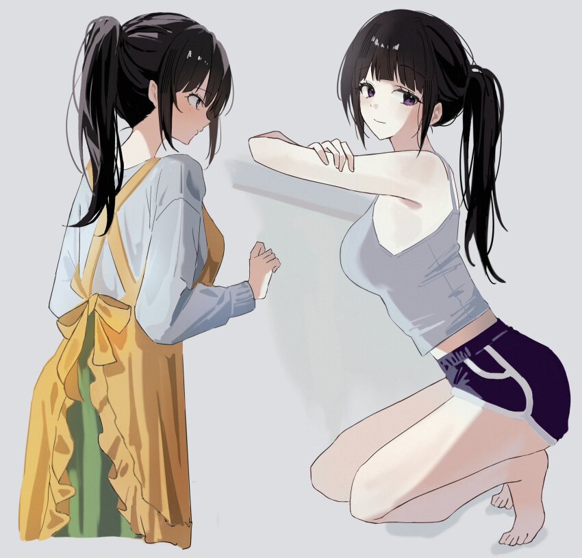 1girl, apron, bare_shoulders, barefoot, black_hair, blush, chitanda_eru, commentary