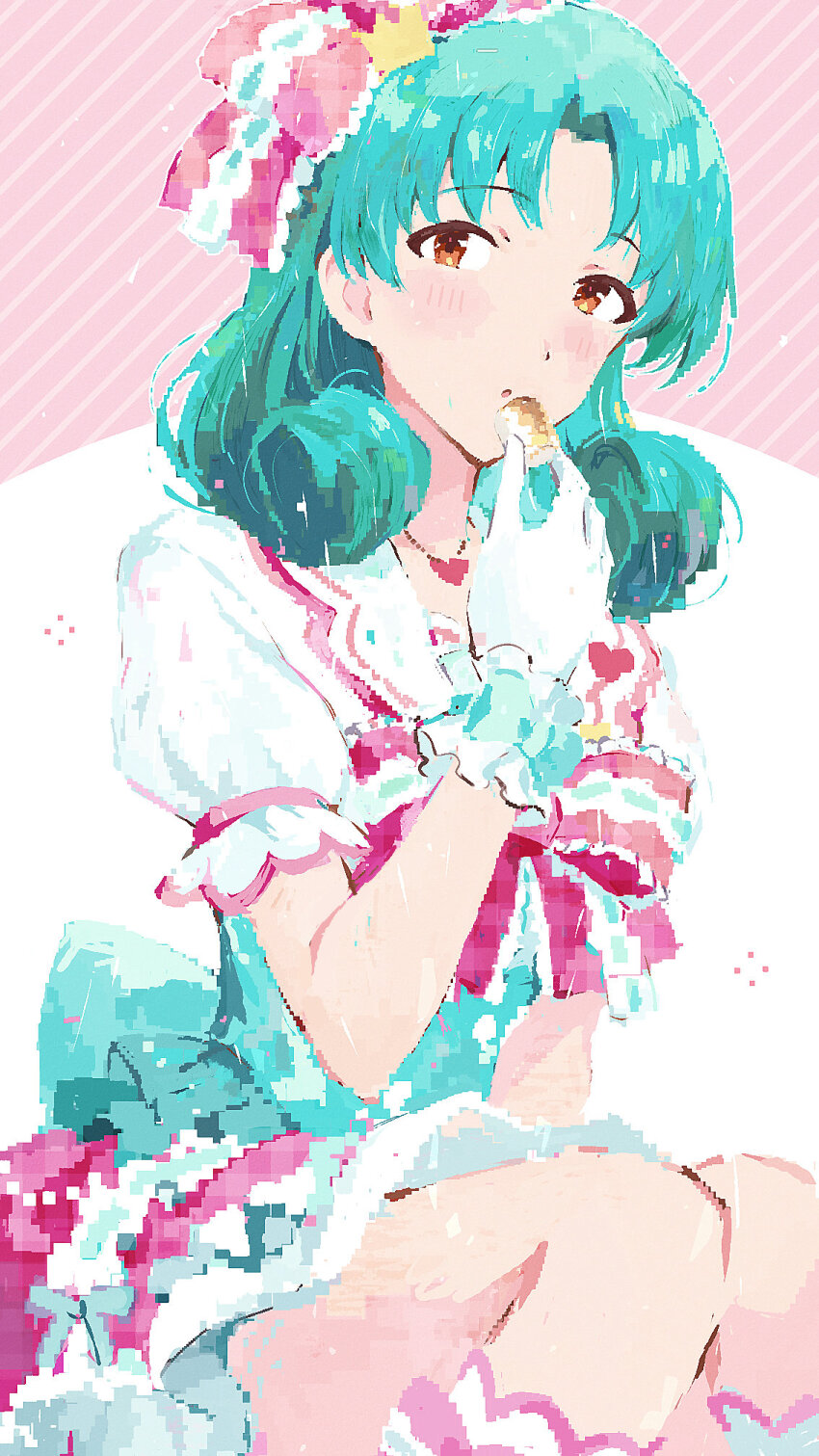 1girl, brown_eyes, curly_hair, dress, food, gloves, green_hair, highres