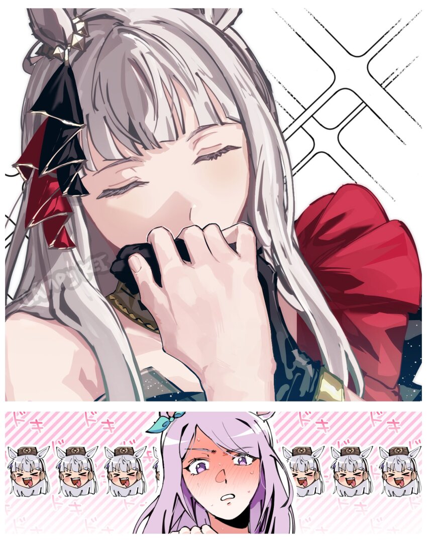 >_<, 2girls, animal_ears, black_gloves, blush, closed_eyes, commentary, gloves, gold_ship_(umamusume), grey_hair, highres, holding_hands, horse_ears, horse_girl, kiss, kissing_hand, lampy_uikoko, long_hair, mejiro_mcqueen_(umamusume), multiple_girls, open_mouth, purple_eyes, purple_hair, smile, sparkle, sweat, tongue, tongue_out, umamusume, yuri