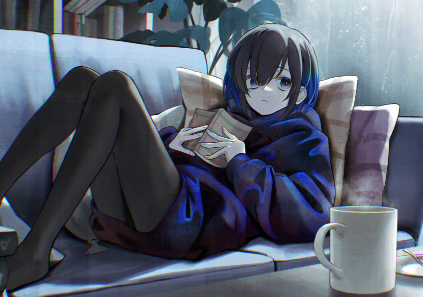 1girl, black_hair, black_pantyhose, blue_hair, blue_sweater, book, commentary_request, couch