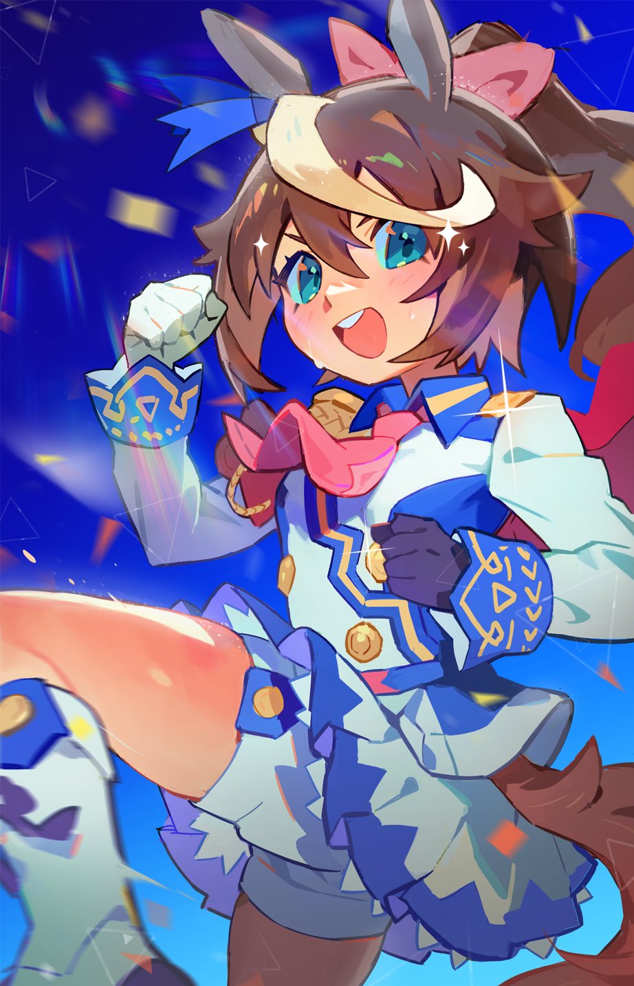1girl, :d, animal_ears, ascot, blue_background, blue_eyes, blue_gloves, blue_sky, blush, boots, bow, brown_hair, buttons, capelet, collared_jacket, confetti, ear_ribbon, epaulettes, floating_hair, from_side, gloves, gradient_background, high_ponytail, highres, horse_ears, horse_girl, horse_tail, jacket, leg_up, lens_flare, long_hair, long_sleeves, looking_at_viewer, motion_blur, multicolored_hair, open_mouth, picklehaterx_x, pink_ascot, pink_bow, ponytail, red_capelet, simple_background, skirt, sky, smile, solo, sparkle, streaked_hair, sweatdrop, tail, teeth, tokai_teio_(peak_joy)_(umamusume), tokai_teio_(umamusume), two-tone_hair, umamusume, upper_teeth_only, white_boots, white_gloves, white_hair, white_jacket, white_skirt, white_streaks