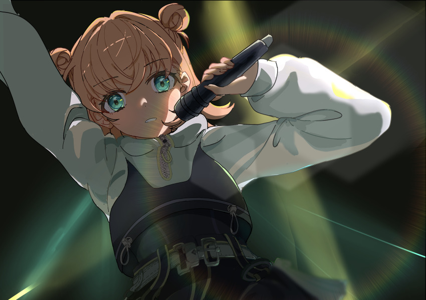 1girl, absurdres, aqua_eyes, black_background, black_sweater, clenched_teeth, commentary_request, crossed_bangs