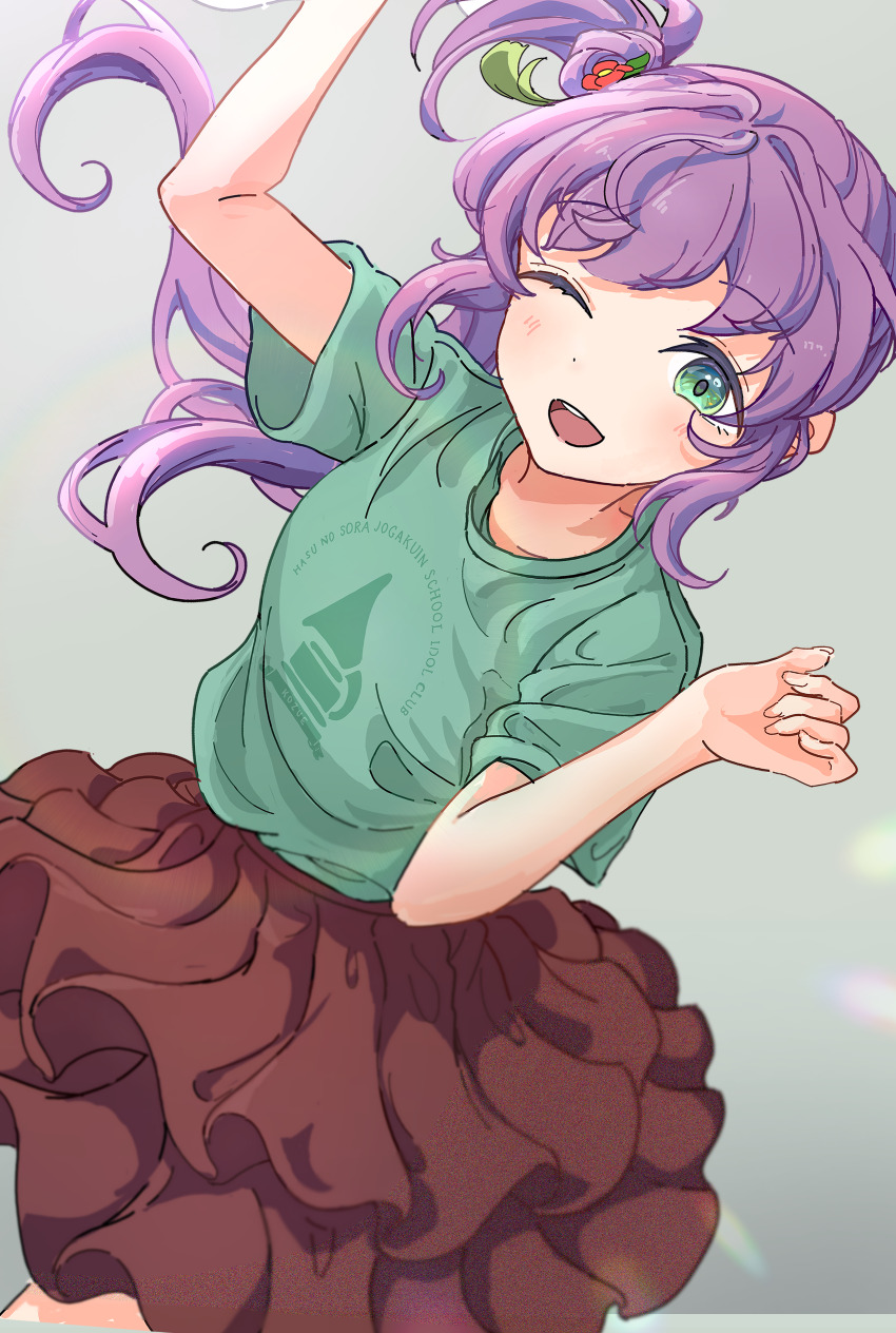 1girl, ;d, absurdres, brown_skirt, character_logo, collarbone, commentary, cowboy_shot