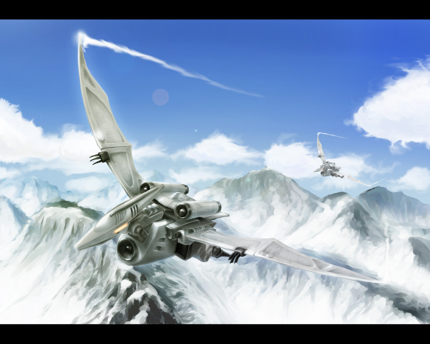 cloud, day, flying, letterboxed, m_spark, mecha, mountain, no_humans, realistic, robot, storm_sworder, zoids