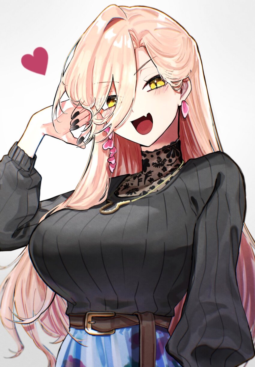 1girl, belt, belt_buckle, black_nails, black_shirt, blonde_hair, blue_skirt, blush, breasts, brown_belt, buckle, earrings, fang, hair_between_eyes, hair_over_breasts, heart, highres, jewelry, katama_(k85620232), large_breasts, long_hair, looking_at_viewer, nail_polish, necklace, nijisanji, nui_sociere, nui_sociere_(4th_costume), shirt, skin_fang, skirt, solo, upper_body, virtual_youtuber, yellow_eyes