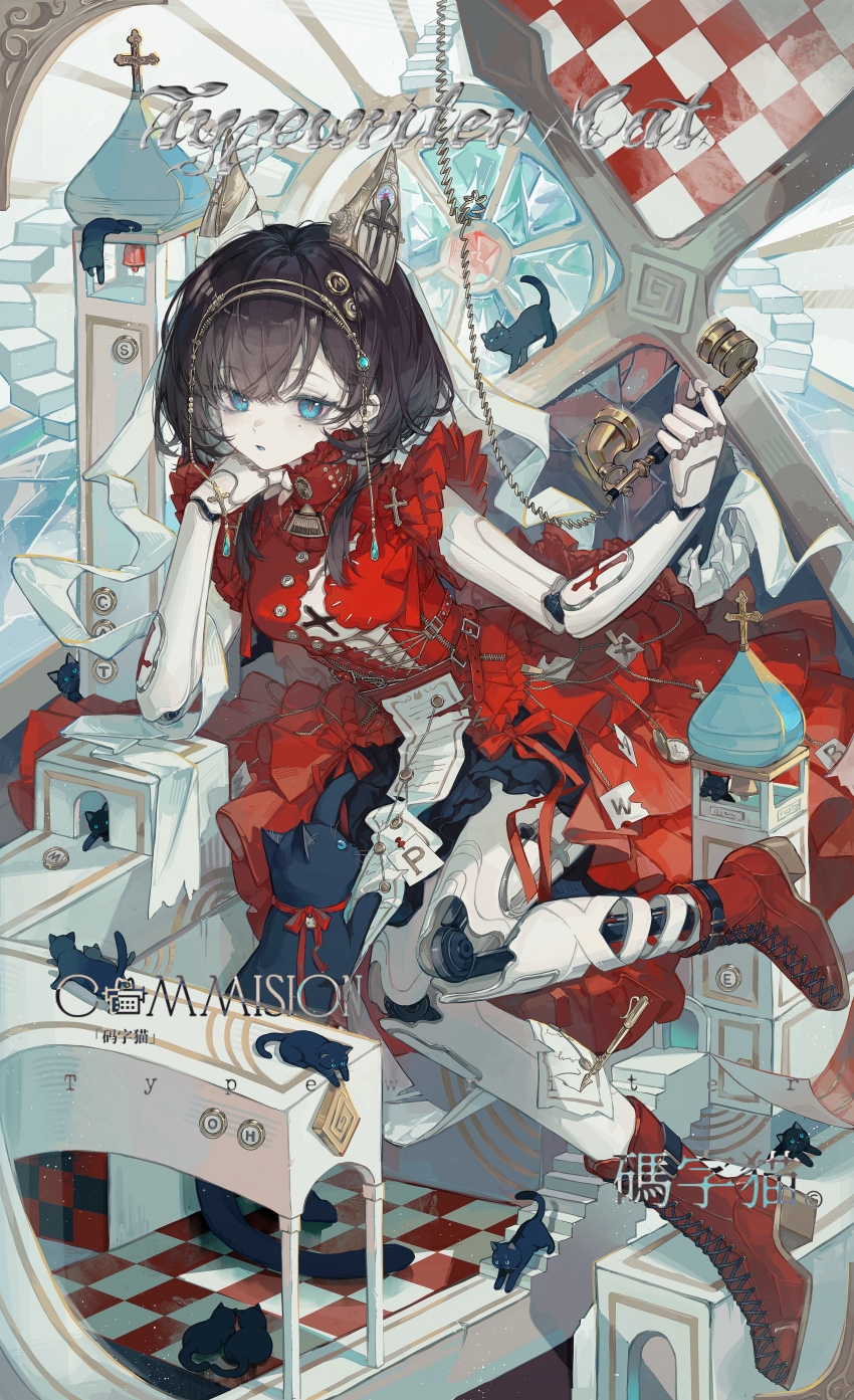 absurdres, animal_ears, antique_phone, aqua_eyes, aqua_gem, belt, black_cat, black_dress